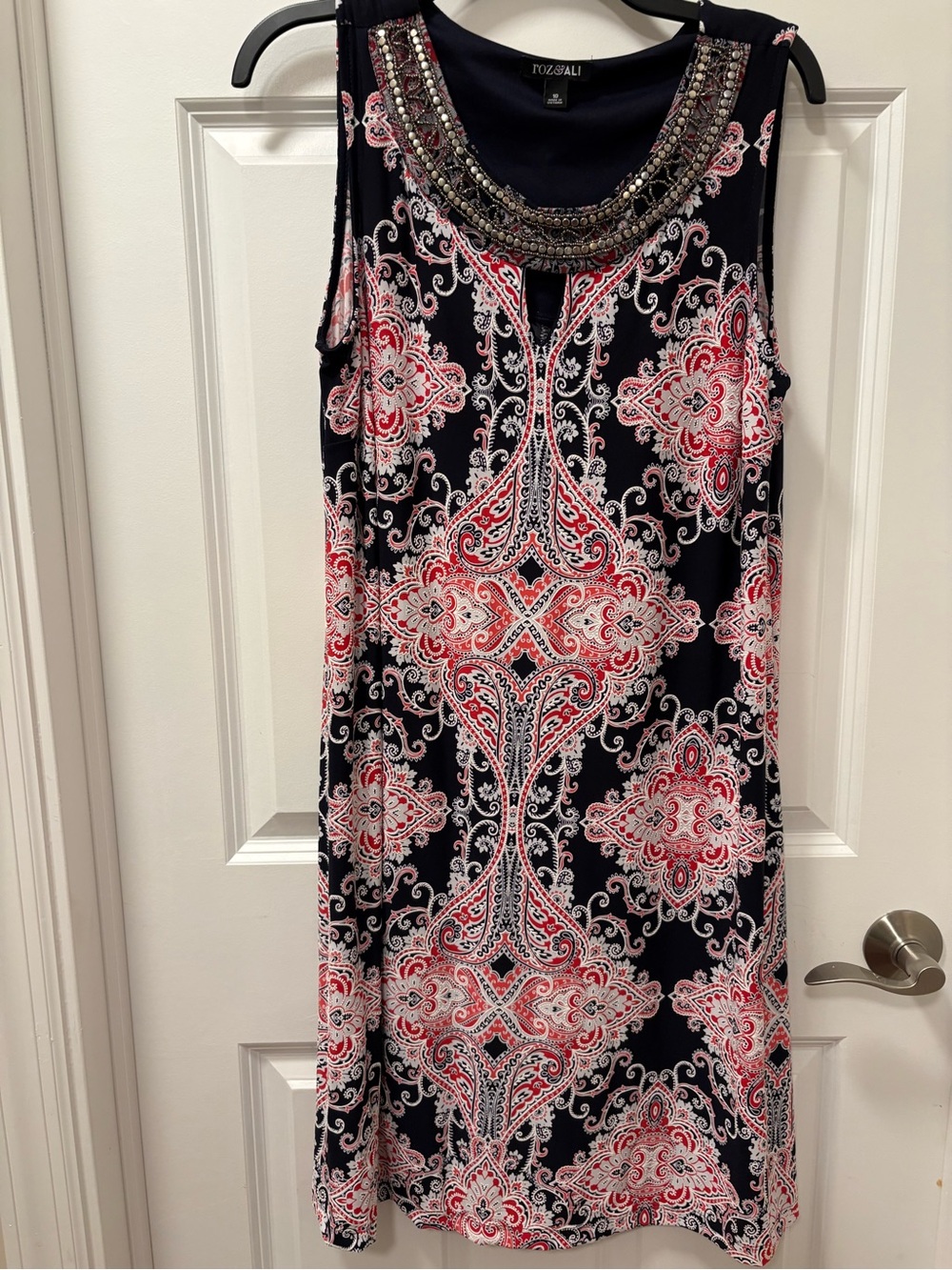 Roz & Ali Black Dress with Navy, Red, White Paisley Print and Beaded Neckline